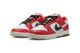 Red and white Nike Dunk Low "Chicago Split" shoe featuring a unique split design, two-tone branding and a clean finish. Made of premium, durable leather, this versatile style statement is perfect for sneakerheads and Chicago Bulls fans.